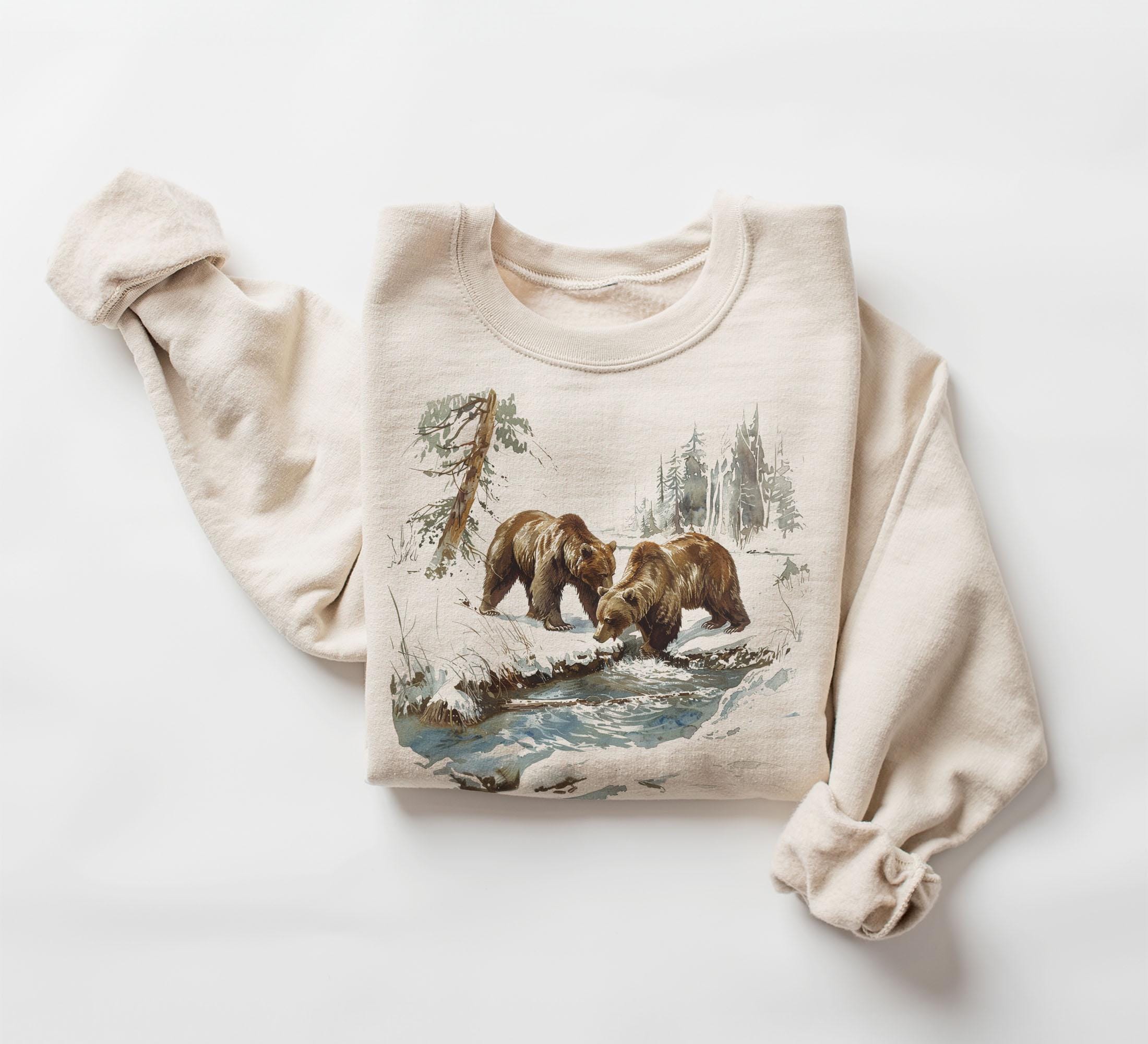 Moletom retrô com cena selvagem dos ursos pardos - Traje de urso marrom vintage dos anos 90 - Moletom com gola redonda unissex Boho