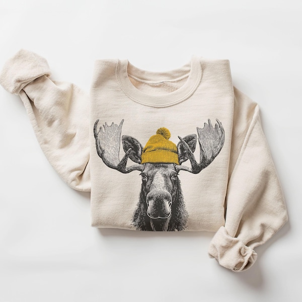 Sudadera con gorro de alce macho: cuello redondo, ideal para la naturaleza en la montaña, ideal para camping y senderismo, estilo retro unisex de los años 90.