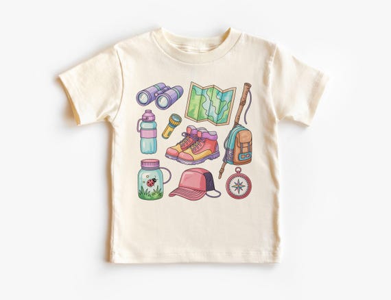 Retro Hiking Outdoors Doodle Girls Toddler Tee - Cute Nature Day Hikes Outfit - Gift For Hiker - Natural Boho Toddler, Youth Tee