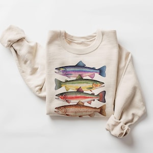 Abstract Colorful Trout In A Row Sweatshirt - River Fish Trout Species Outfit - Fly Fishing Gift -  Boho Unisex Crewneck Sweatshirt