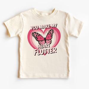 Retro Valentines Day Butterfly Hearts Girls Shirt - You Make My Heart Flutter Outfit - Natural Boho Adult, Toddler & Youth Tee