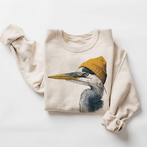 Sudadera unisex retro de los años 90 con gorro de garza azul grande para observación de aves