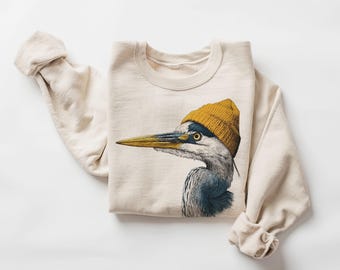 Retro 90's Great Blue Heron Wearing Beanie Vintage Birdwatching Birding Unisex Sweatshirt