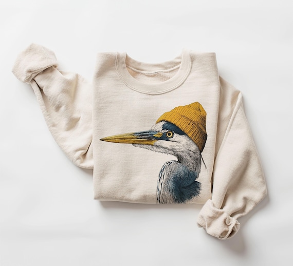 Retro 90's Great Blue Heron Wearing Beanie Vintage Birdwatching Birding Unisex Sweatshirt