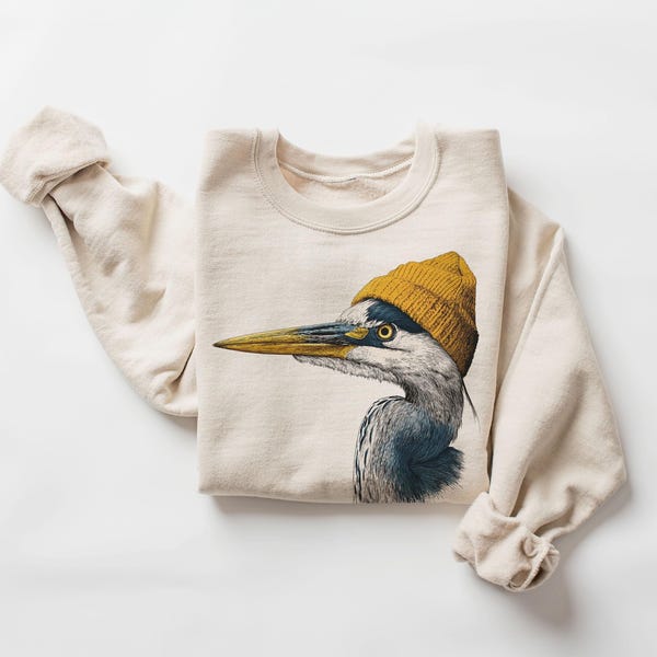 Retro 90's Great Blue Heron Wearing Beanie Vintage Birdwatching Birding Unisex Sweatshirt
