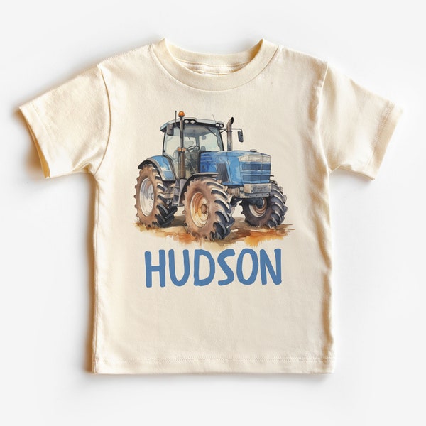 Personalized Farm Tractor Toddler Shirt - Cute Custom Name Farmer Blue Tractor Tee - Boho Natural Kids Shirts