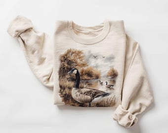 Sweat rétro scène d'automne oie - sauvagine des années 90, oies, faune nature tenue - sweat ras du cou unisexe bohème