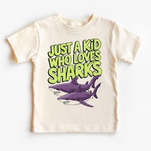 Retro Kids Shark Lover Shirt - Just A Kid Who Loves Sharks 90s Outfit - Ocean Sea Creatures Tee - Natural Boho Toddler, Youth & Adult Tee