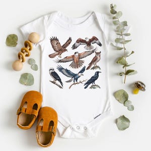 K&ouml;nnte beinhalten: Wei&szlig;er Baby-Body mit einer farbenfrohen Illustration verschiedener Greifv&ouml;gel, darunter Falken, Adler und eine Eule. Das Design zeigt die V&ouml;gel im Flug und auf &Auml;sten sitzend. Der Body ist von Babyschuhen und einem Holzspielzeug umgeben.