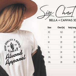 May include: Size chart for Bella + Canvas 3001 t-shirts. The chart shows sizes XS through 3XL with corresponding chest and body length measurements in inches.