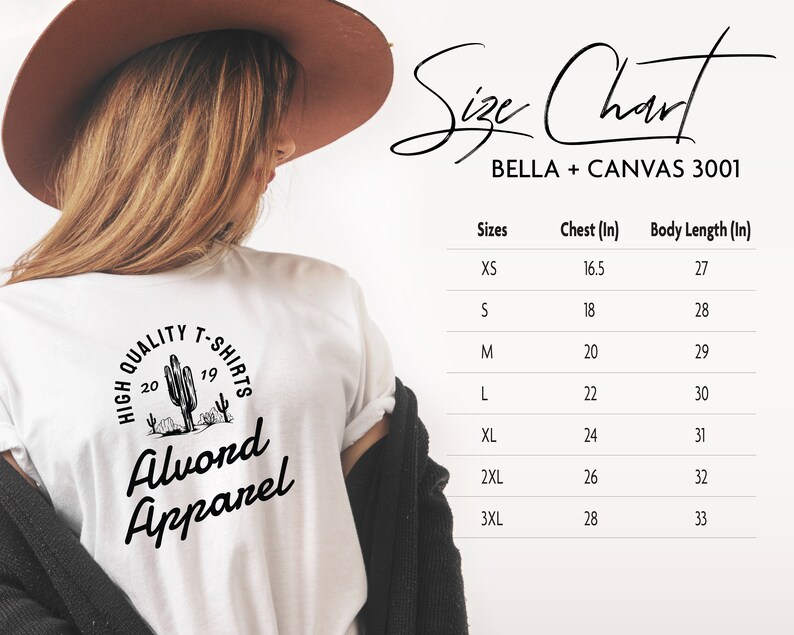 May include: Size chart for Bella + Canvas 3001 t-shirts. The chart shows sizes XS through 3XL with corresponding chest and body length measurements in inches.