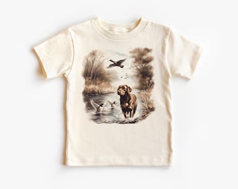Camiseta retro con escena otoñal de patos silvestres de Labrador Chocolate - Traje de caza de Labrador Retriever de los años 90 - Camiseta bohemia natural para adultos, niños pequeños y jóvenes