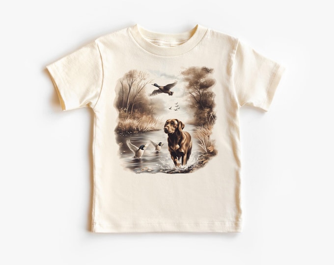 Retro Chocolate Lab Mallard Ducks Fall Scene Shirt - 90s Labrador Retriever Hunting Outfit- Natural Boho Adult, Toddler & Youth Tee