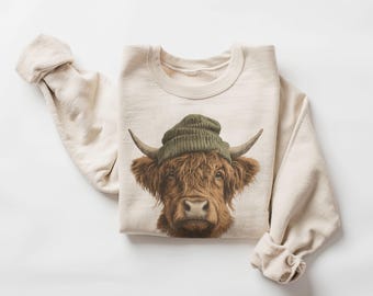 Highland Cow Wearing Beanie Unisex Sweatshirt
