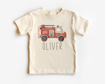 Personalized Fire Truck Toddler Shirt - Cute Custom Name Firefighter Tee - Boho Natural Kids Shirts