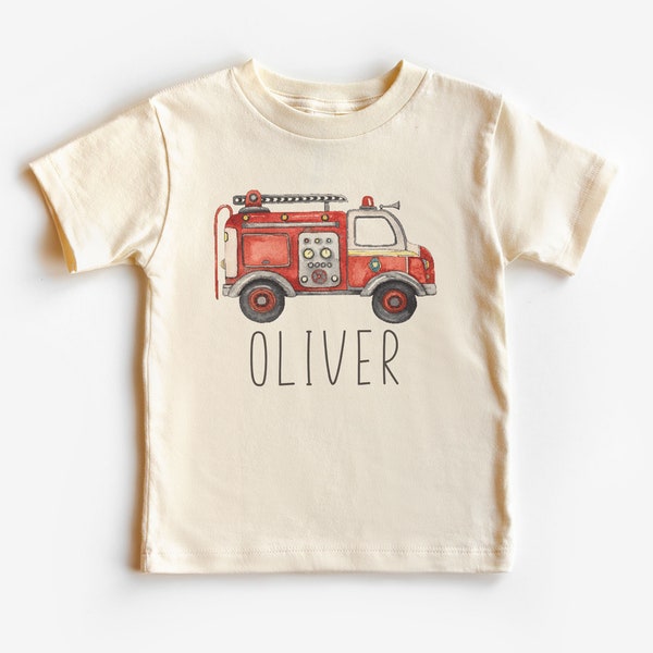 Personalized Fire Truck Toddler Shirt - Cute Custom Name Firefighter Tee - Boho Natural Kids Shirts