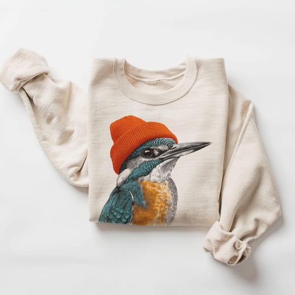 Retro Common Kingfisher Wearing Beanie Vintage Birding Unisex Sweatshirt