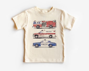 Emergency Rescue Vehicles Toddler Shirt - Police Car, Fire Truck, Ambulance - Boho Natural Kids Shirts