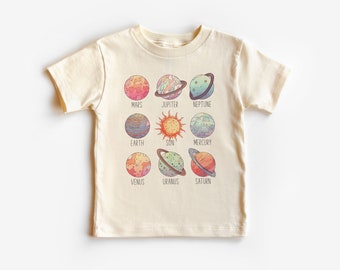 Camicia per bambini del sistema solare - Maglietta con nomi di pianeti astratti carini - Camicia per compleanno spaziale - Camicie per bambini naturali Boho