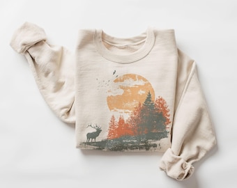 Retro 90's Abstract Bull Elk Fall Sunset Vintage Wildlife Unisex Sweatshirt