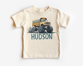 Personalized Yellow School Bus Monster Truck Toddler Shirt - Custom Kids Name Back To School Outfit - Boho Natural Toddler & Youth Tee