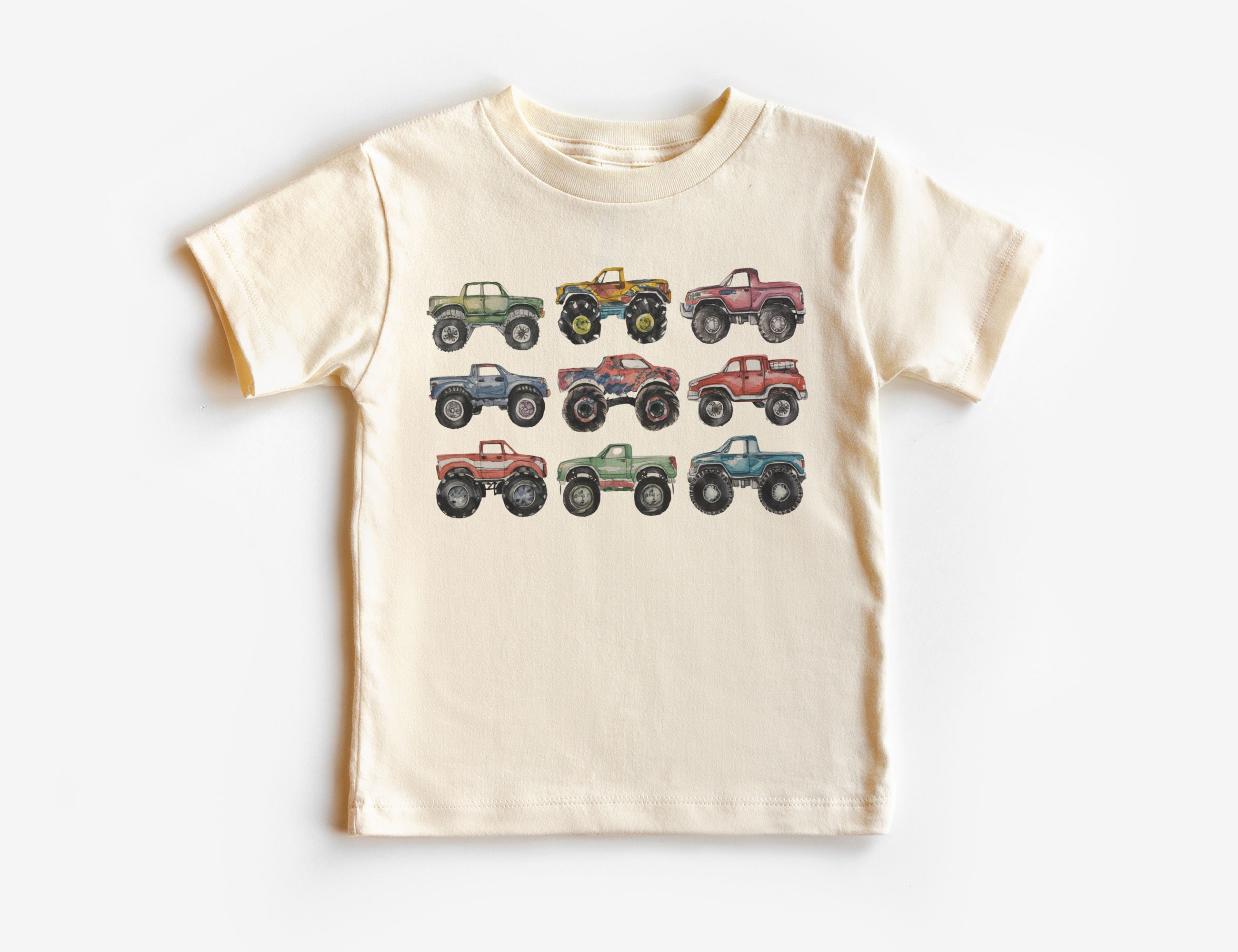 Retro Monster Trucks In A Row Toddler Shirt - Big Trucks Kids Outfit - Giant Vehicles Tee - Boy Toddler Youth Kids Boho Clothing