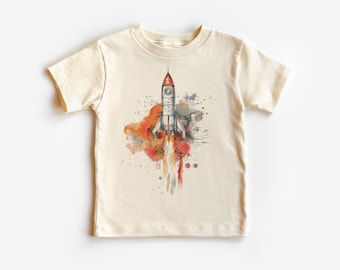 Camisa para niños pequeños con lanzamiento de cohete espacial - Linda ropa para niños de nave espacial - Tema de fiesta de cumpleaños en el espacio exterior - Camiseta natural boho para niños y jóvenes