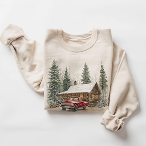 Retro Christmas Red Pickup Truck Winter Cabin Sweatshirt - 90s Mountain Pine Trees Snowy Day Outfit - Boho Unisex Crewneck Sweatshirt