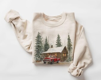 Retro Christmas Red Pickup Truck Winter Cabin Sweatshirt - 90s Mountain Pine Trees Snowy Day Outfit - Boho Unisex Crewneck Sweatshirt