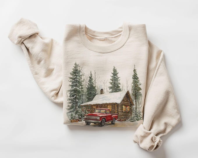 Retro Christmas Red Pickup Truck Winter Cabin Sweatshirt - 90s Mountain Pine Trees Snowy Day Outfit - Boho Unisex Crewneck Sweatshirt