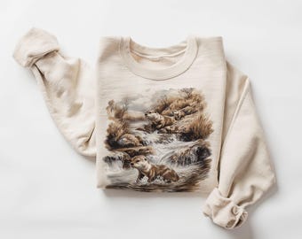 Sudadera con escena de cascada y nutria de río retro - Atuendo de vida salvaje de mustélidos y nutria vintage de los años 90 - Sudadera unisex de cuello redondo estilo bohemio