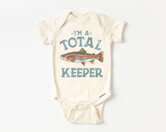 Retro Rainbow Trout I'm A Total Keeper Onesie® - Cute Flyfishing Outdoors Nature Pregnancy Reveal Bodysuit - Boho Fishing Natural Onesie®