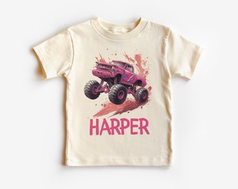 Girls Pink Monster Truck Shirt, Custom Personalized Kids Name, Back To School, Girls Birthday Party Gift, Cute Toddler Shirt, Dirt Offroad