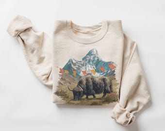 Retro Himalayan Yak Sweatshirt - Tibet and Nepal Mountain Range Crewneck - Vintage Wildlife Adventure Pullover with Prayer Flags