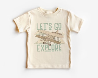 Retro Airplane Toddler Adventure Shirt - Let's Go Explore Vintage Biplane Kids Tee - Boho Natural Kids & Youth Shirts