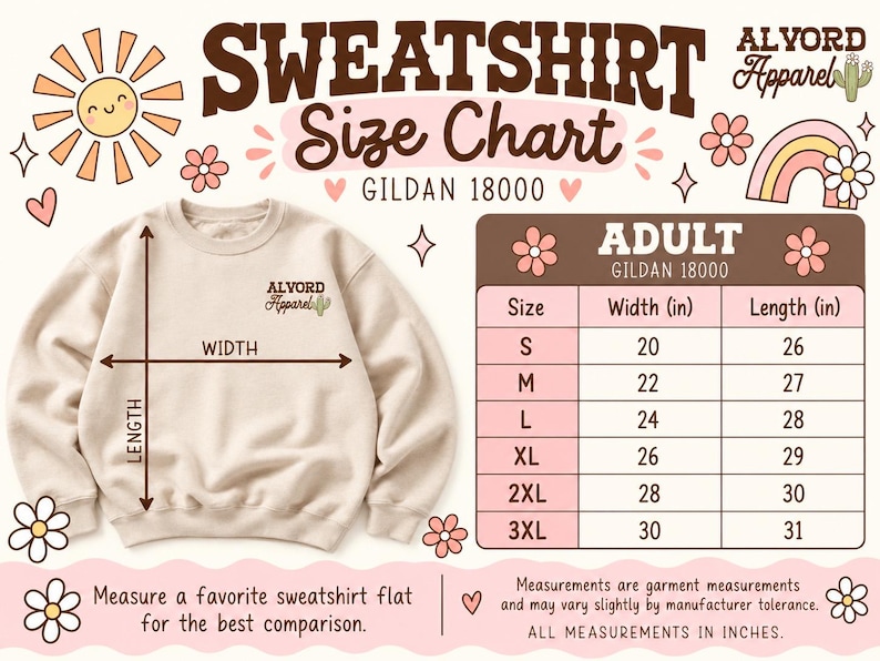 May include: A beige sweatshirt size chart for Gildan 18000 featuring a graphic of a beige sweatshirt with width and length arrows. A table lists adult sizes S through 3XL with corresponding width and length measurements in inches.