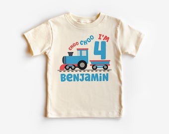 Personalized Choo Choo I'm 4 Toddler Shirt, Custom Name Train Shirt, Fourth Birthday, Boy Toddler Youth Kids Clothing