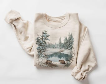 Moletom Retro Beavers Winter Pond Snowy Scene - Roupa Vintage de Criaturas Fofas da Floresta dos Anos 90 - Moletom Boho Unissex com Gola Redonda