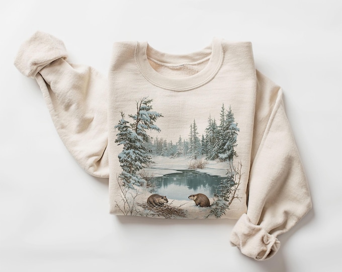 Retro Beavers Winter Pond Snowy Scene Sweatshirt - Nineties 90s Vintage Cute Woodland Creatures Outfit - Boho Unisex Crewneck Sweatshirt