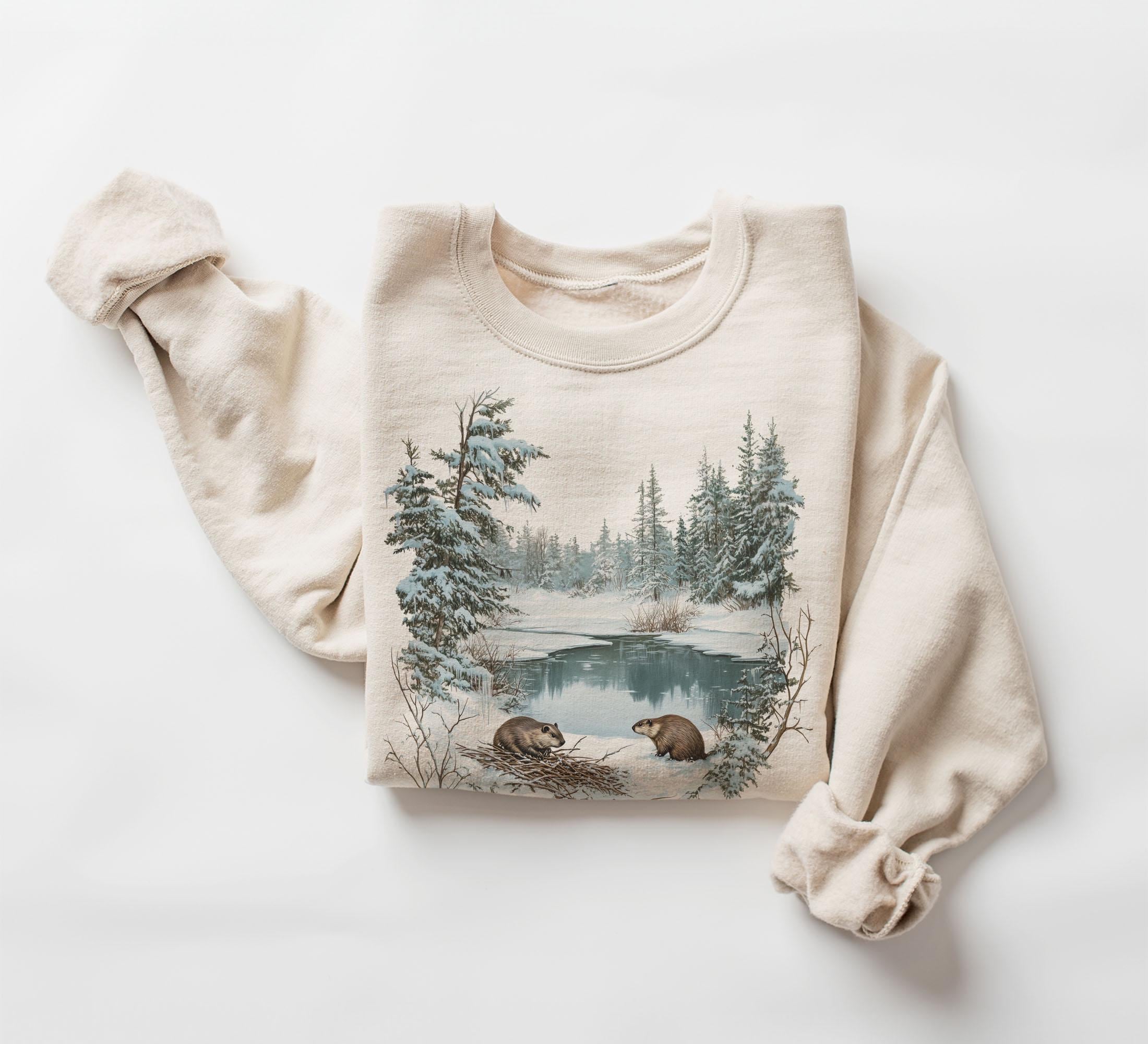 Retro Beavers Winter Pond Snowy Scene Sweatshirt - Nineties 90s 