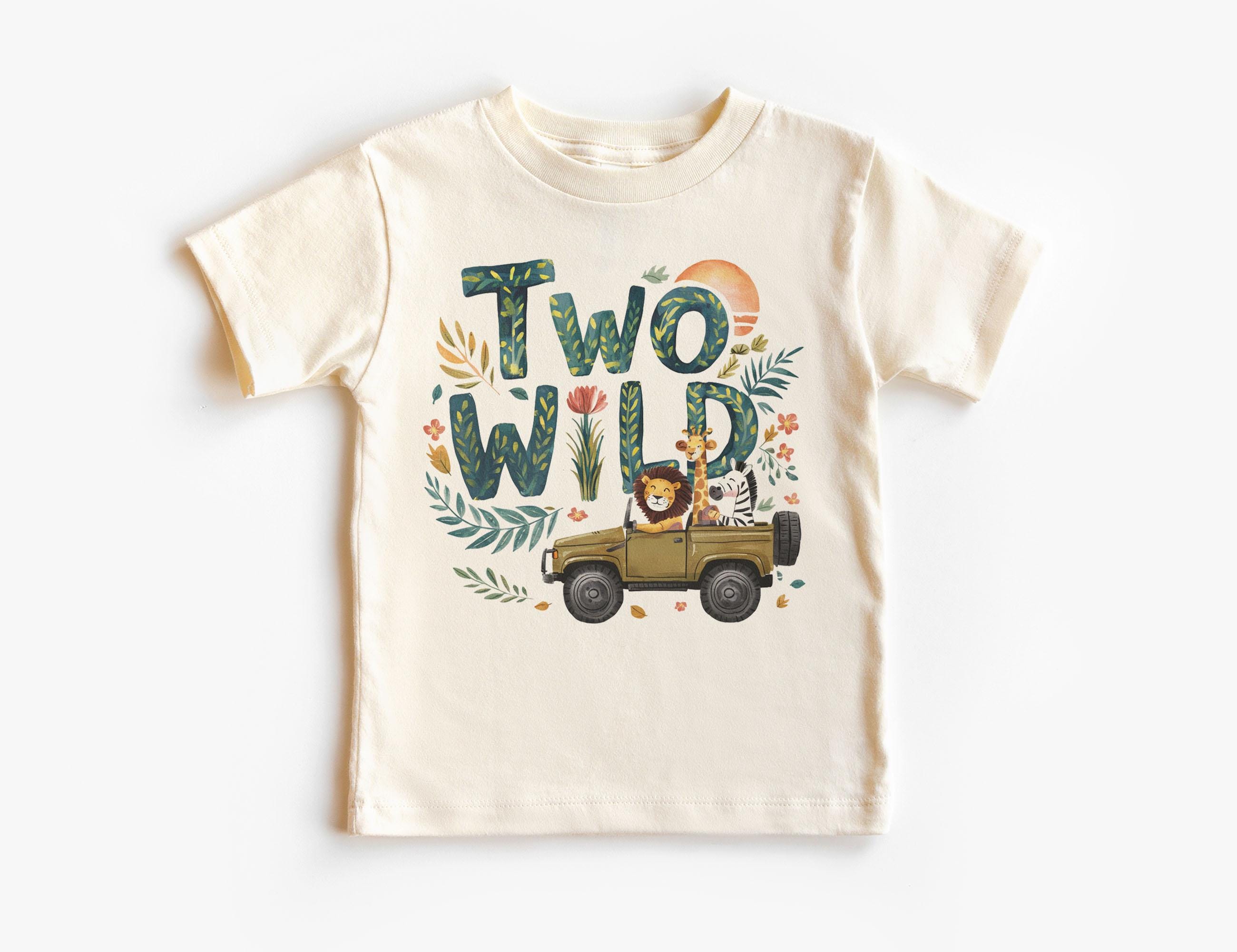 2nd Birthday Safari Toddler Shirt - Cute Two Wild Animals Driving Safari Truck Tee - Second Birthday Party Theme - Boho Natural Kids Shirts