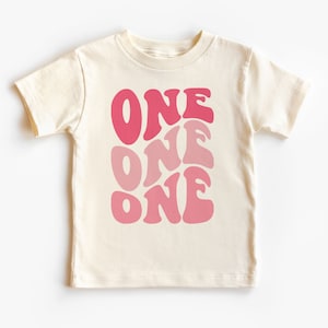 Retro First Birthday Toddler Shirt - Girls Pink Groovy 1ST Birthday Kid&#39;s Tee - One Birthday Party Theme - Boho Natural Toddler & Youth Tee
