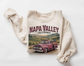 Sudadera retro de camioneta antigua del Valle de Napa, California - Cata de vinos vintage de los 90, bodega, viajes de cosecha de uva - Sudadera unisex de cuello redondo estilo bohemio