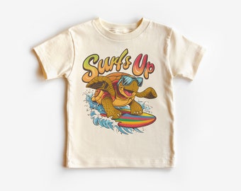 Retro Surfs Up Sea Turtle Toddler Shirt - 90's Vintage Summer Lil Dude Surfing Kids Outfit - Natural Boho Adult, Toddler & Youth Tee