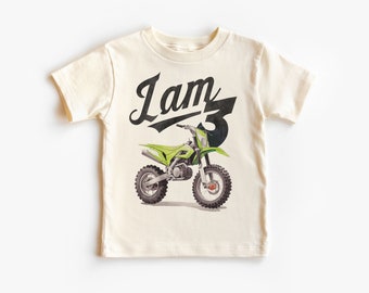 I Am 3 Green Dirt Bike Toddler Birthday Shirt - 3rd Birthday Retro Motorcycle Outfit - Turning Three Tee - Boho Natural Kids & Youth Shirts