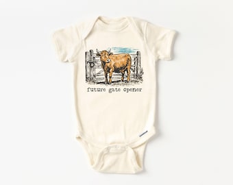 Western Future Gate Opener Baby Onesie® - Cute Baby Cow Cowboy Cowgirl Rodeo Pregnancy Reveal Bodysuit - Boho Ranch Natural Onesie®