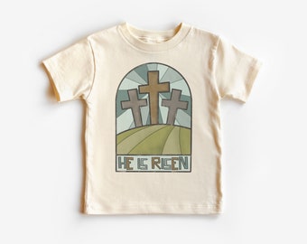 Hij is opgestaan Pasen peuter shirt - christelijke kinderkleding - Jezus shirt - drie dagen Cross Tee - Boho Natural Kids & Youth Shirts