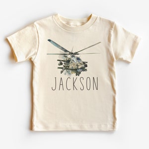 Personalized Military Helicopter Toddler Shirt - Custom Name Boy&#39;s Chopper Tee - Boho Natural Kids Shirts