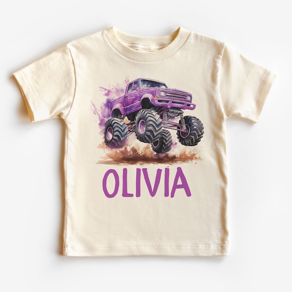 Girls Purple Monster Truck Shirt, Custom Personalized Kids Name, Back To School, Girl Birthday Party Gift, Cute Toddler Shirt, Dirt Offroad