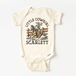 Custom Western Little Cowgirl Rodeo Horse Baby Onesie® - Personalized Name Country Horseback Riding Bodysuit - Ranch Outfit Natural Onesie®